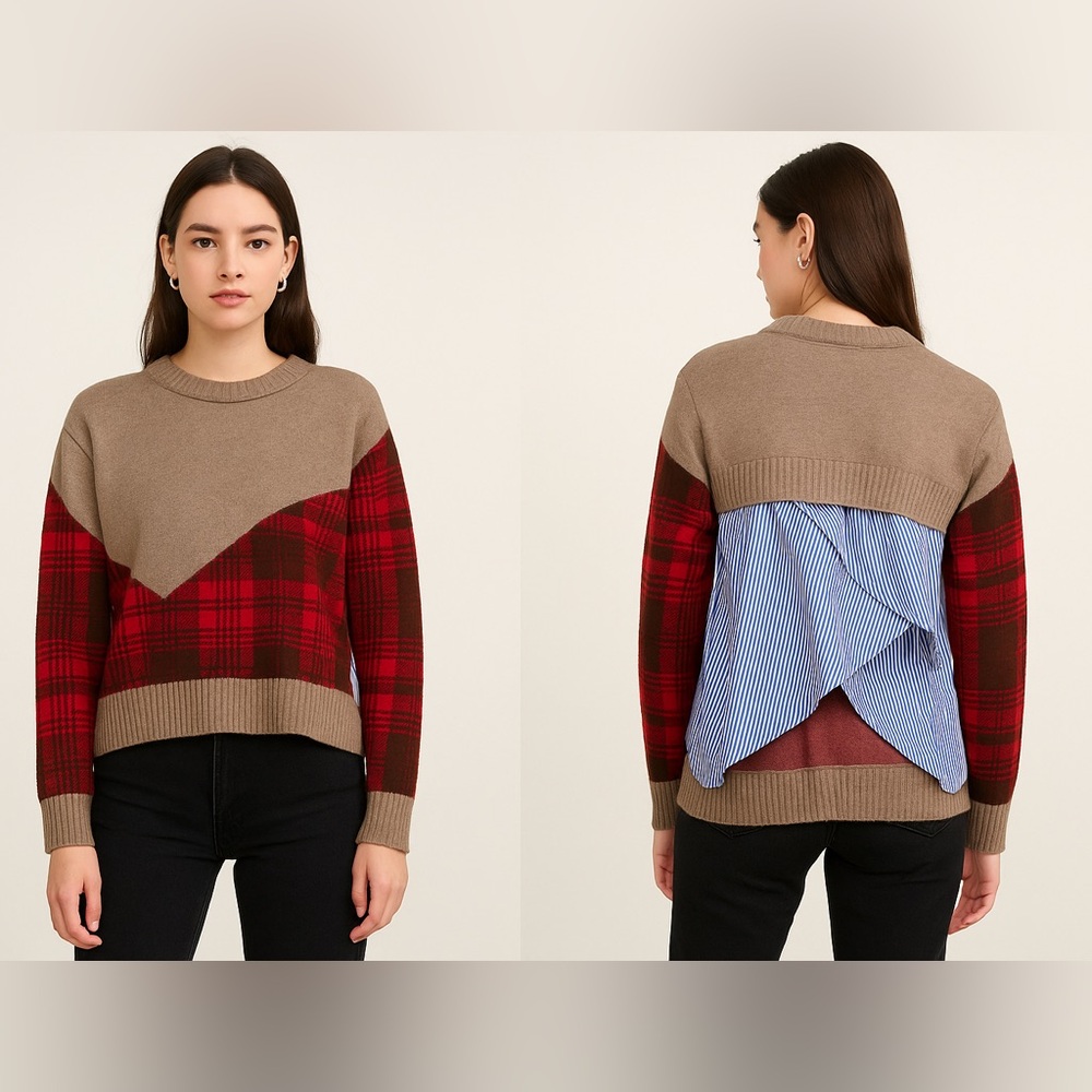 Thakoon Tan & Red Wool/Cashmere Blend Mixed Print Sweater Sz.‎ L